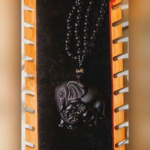 Unique, Carved Obsidian Elephant And Baby Necklace.